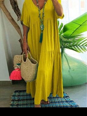 Flowy V-Neck Tiered Maxi Dress in Chartreuse